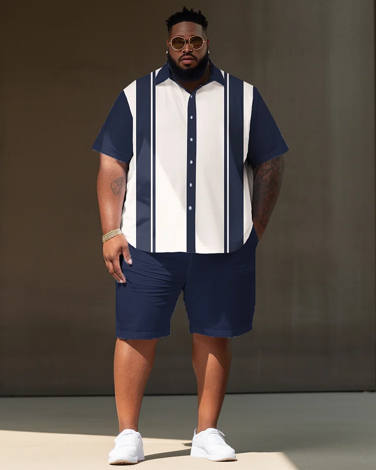 Men's Large Size Striped Color Block Short Sleeve Shirt Shorts Set