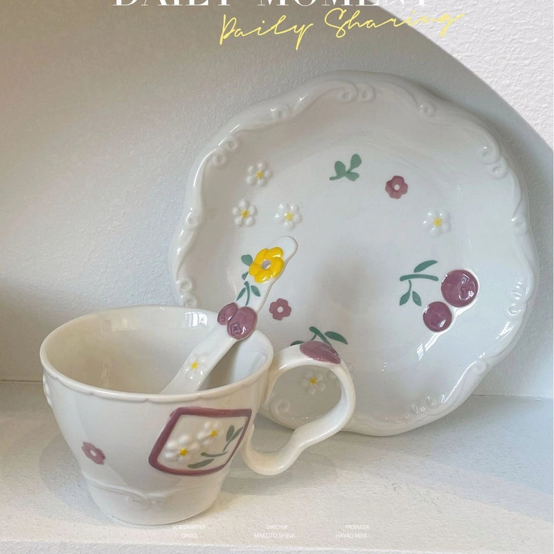 Embossed Fruit Air Cake Plate Household Ceramic Tableware Rice Bowl Disc Deep Plate Cream Color Cute High Face