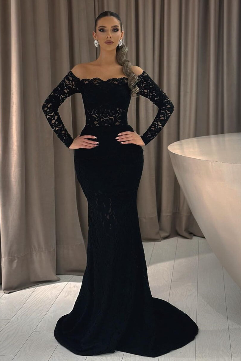 Chic Black Long Sleeves Mermaid Evening Gown Lace Online - lulusllly