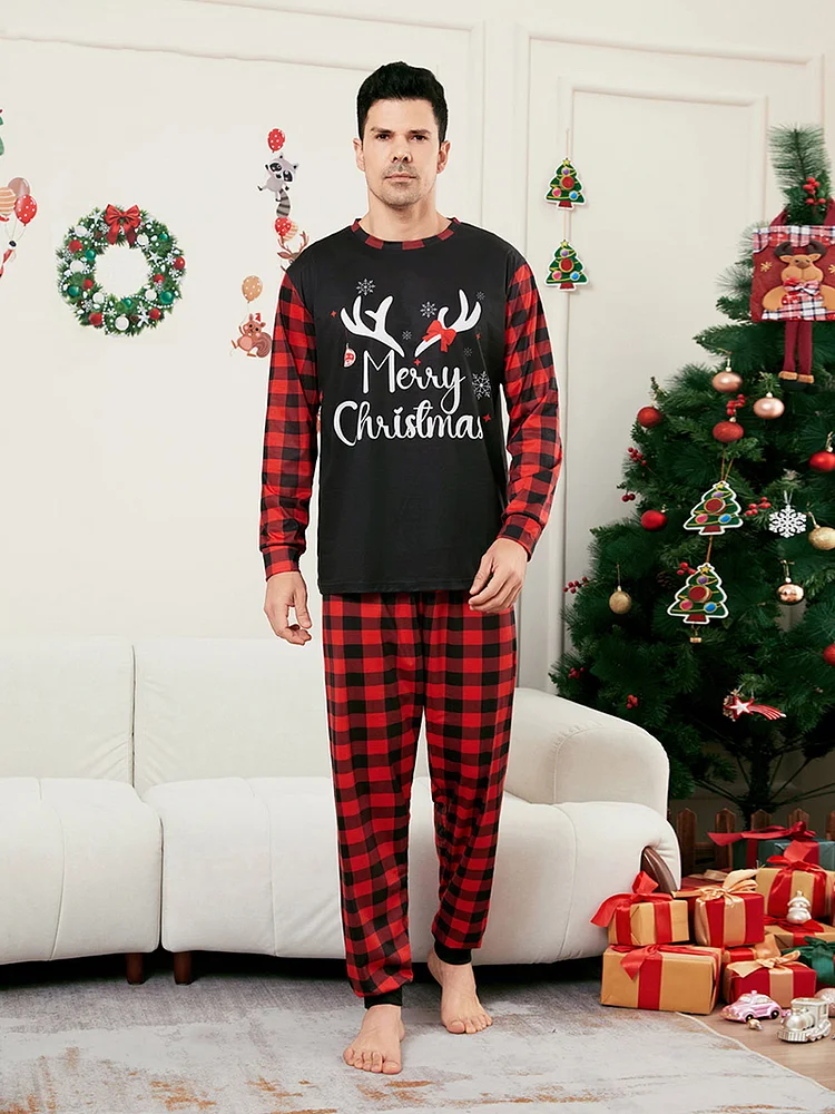 PASUXI Christmas Family Suit - Red and Black Plaid Long-Sleeved Parent-Child Outfit with Elk Horn Print huanwei