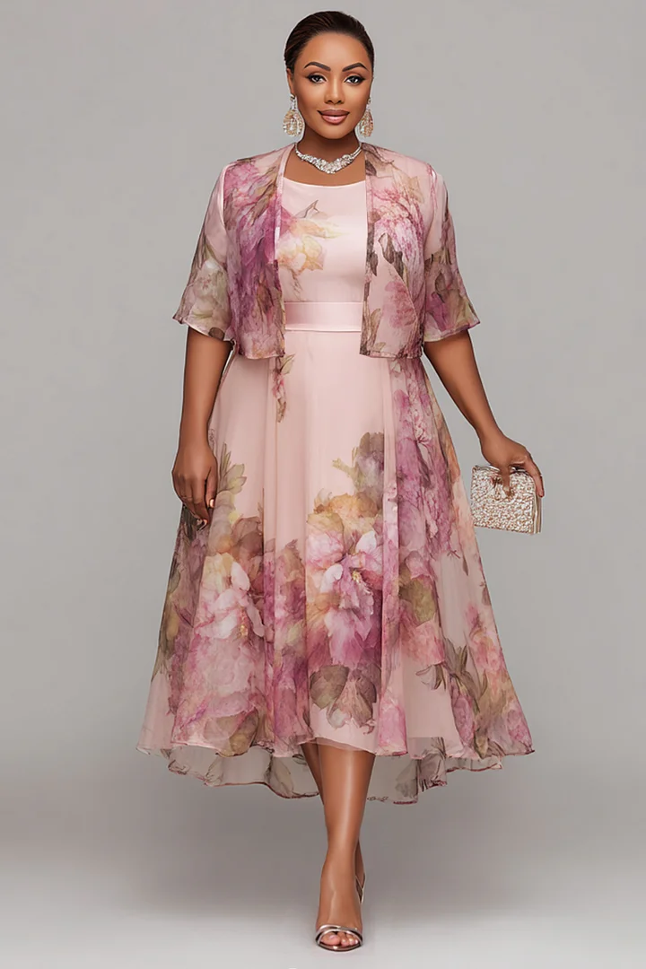 Xpluswear Design Plus Size Mother Of The Bride Pink Floral Round Neck Half Sleeve Chiffon Two Piece Dress Set 2024 - Xpluswear