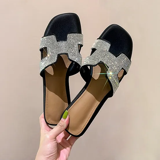 Women's Summer Square Open Toe Rhinestone Sparkling Flat Slippers-vocosishoes