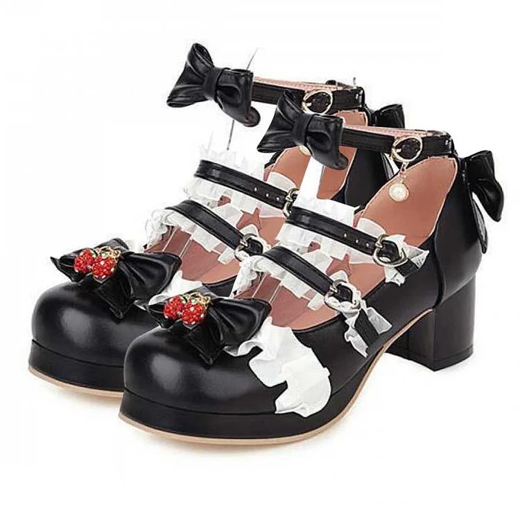 Lace Bow Lolita Kitten Heel Mary Janes Shoes - Modakawa Modakawa