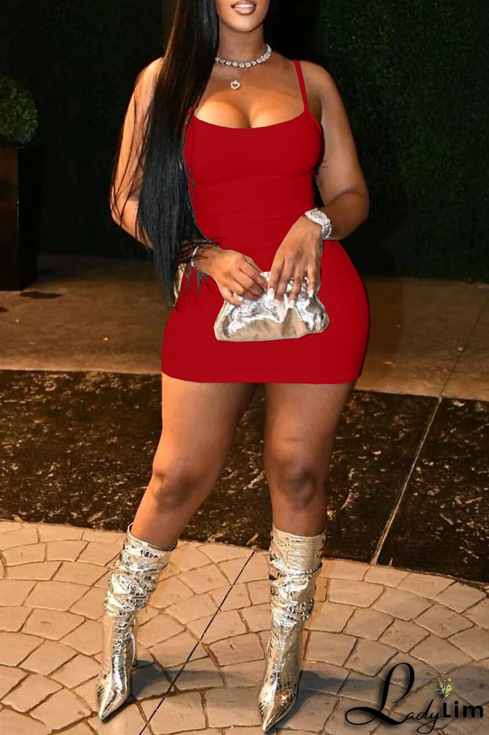 Red Fashion Sexy Solid Backless Spaghetti Strap Sleeveless Dress