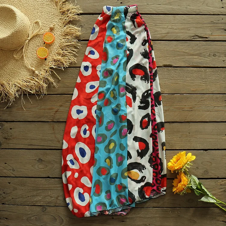 Ruffle Polka Dot Leopard Stitching Print Bikini Swimsuit and Pleated Skirt