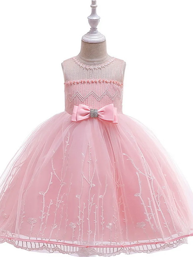 Daisda Ball Gown Sleeveless Jewel Neck  Flower Girl Dresses Lace  Tulle  With Bow Embroidery