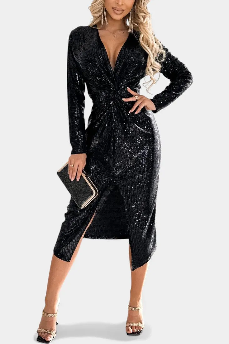 Sparkling Long Sleeve V-Neck Midi Dress with Asymmetric Slit