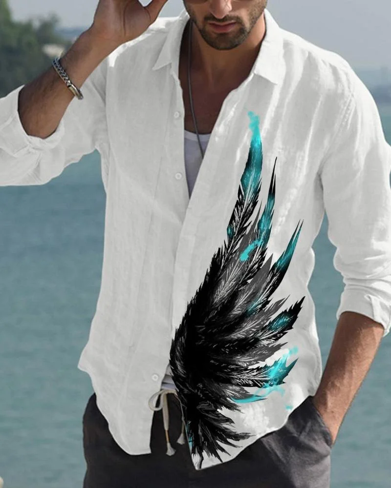 Men's Cotton Abstract Printed Wings Long Sleeve Cardigan Shirt