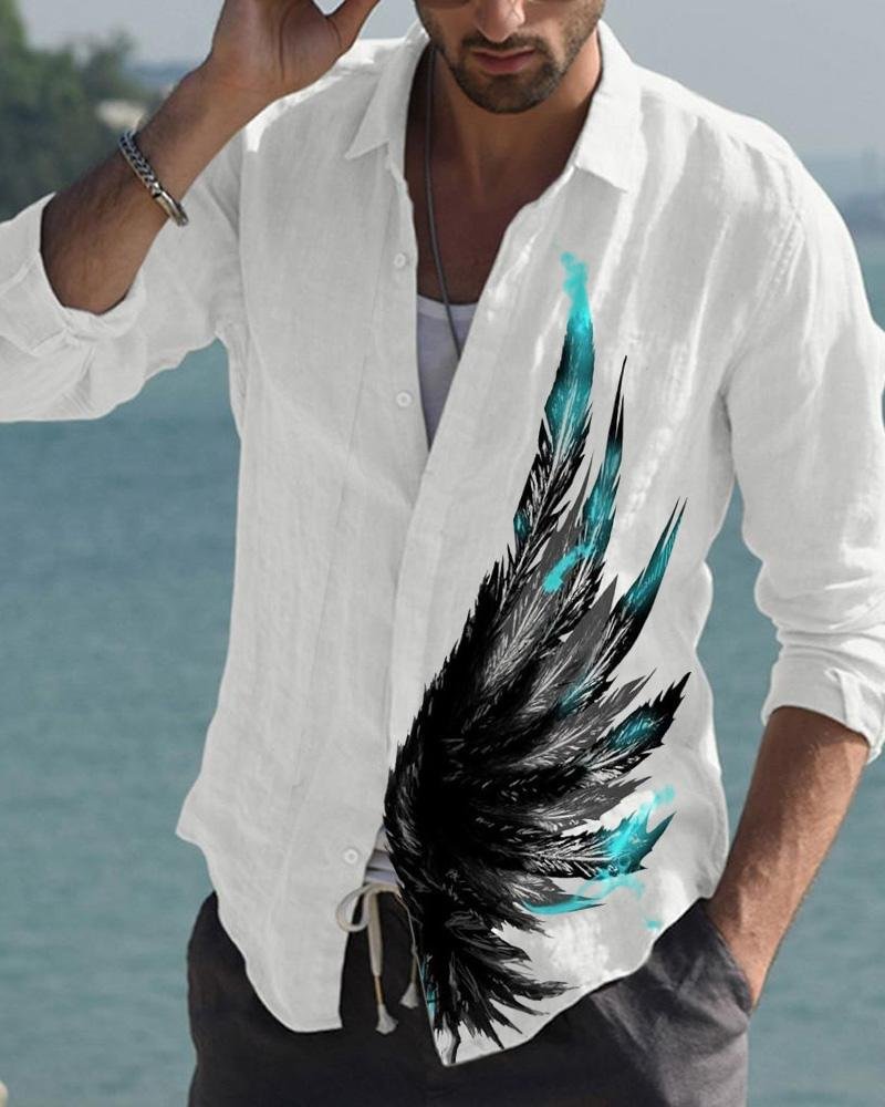 Men's Cotton Abstract Printed Wings Long Sleeve Cardigan Shirt