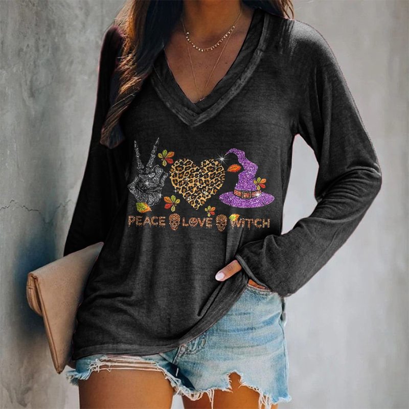 Peace Love Witch Printed V-neck T-shirt