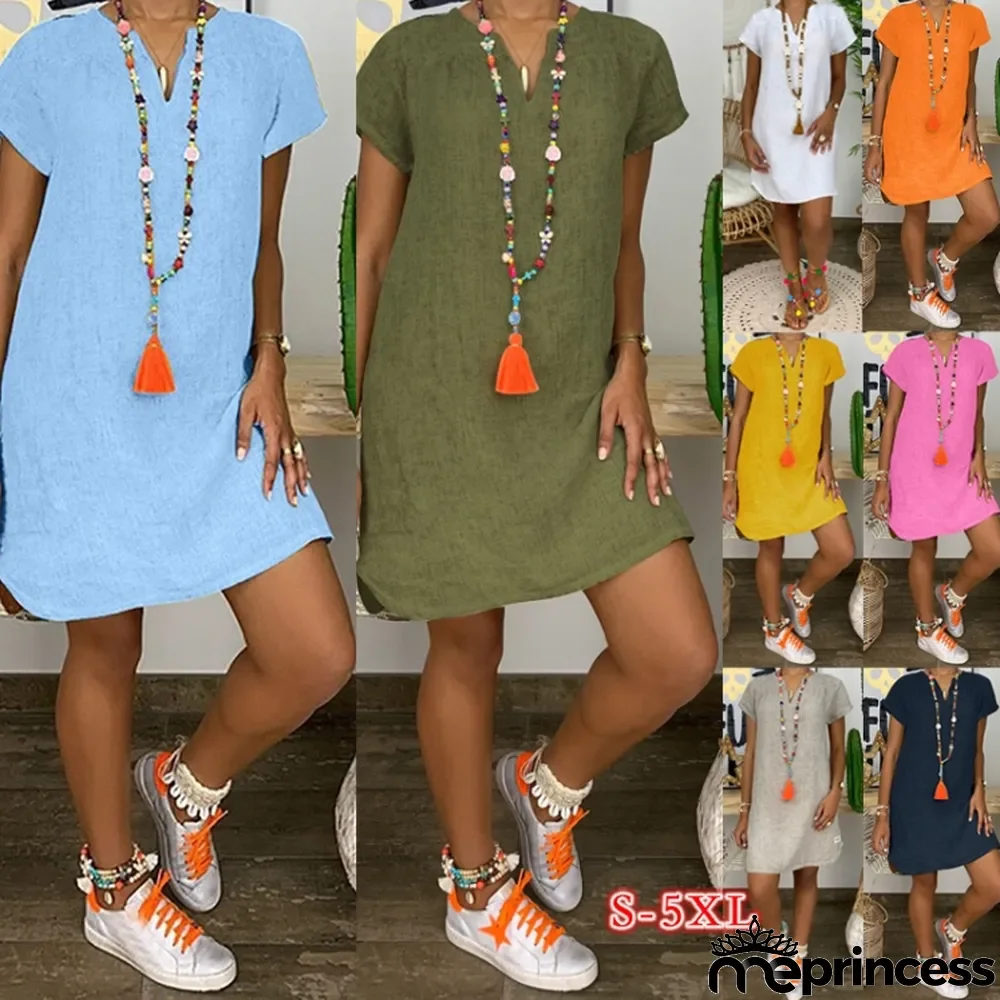 Summer Plus Size Casual Blue Short Sleeve Plain Midi Dress