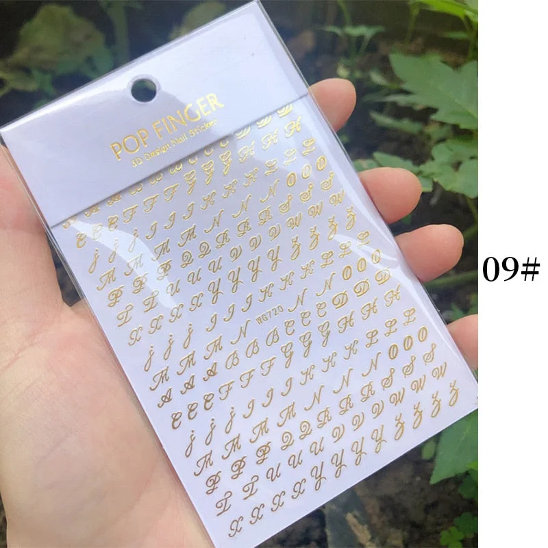 1 Sheet New Roman English Alphabet Number 3D Nail Stickers Christmas Animals iridescent Gold Silver Word Small Letters Nail