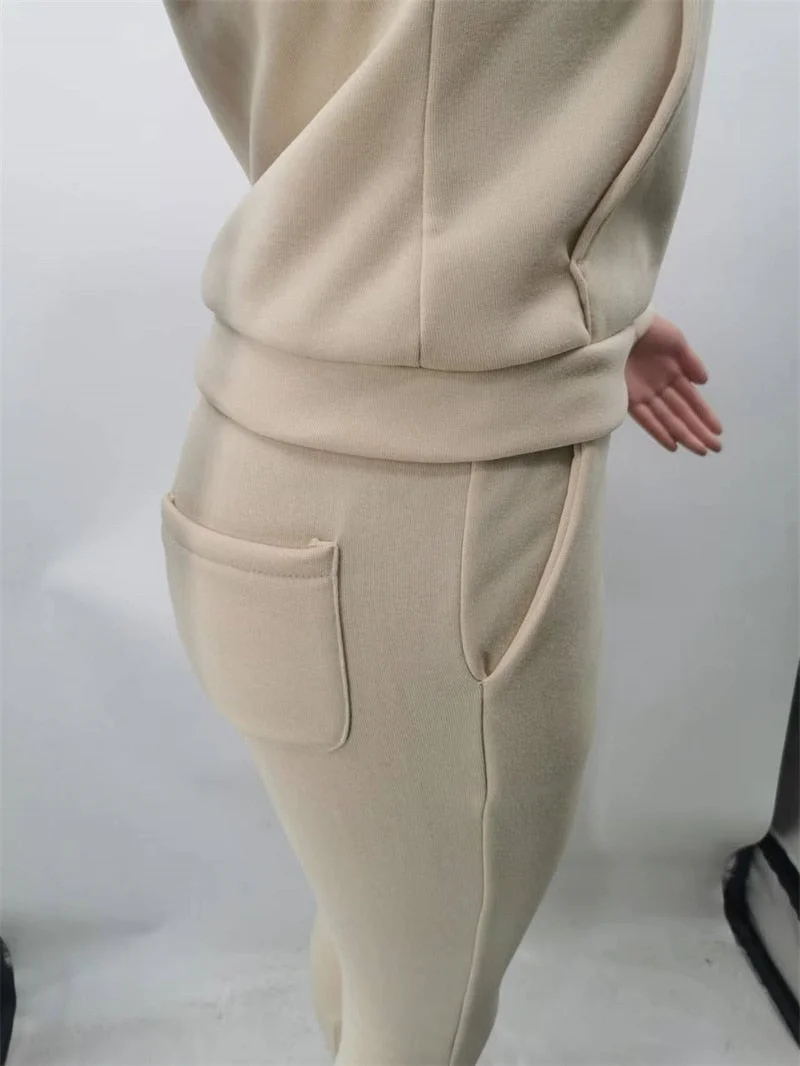 Huibahe Fleece Two Piece Set Women Autumn Winter Tracksuits Drawstring Long Sleeve Hoodies Top Pockets Pants Jogger Suit