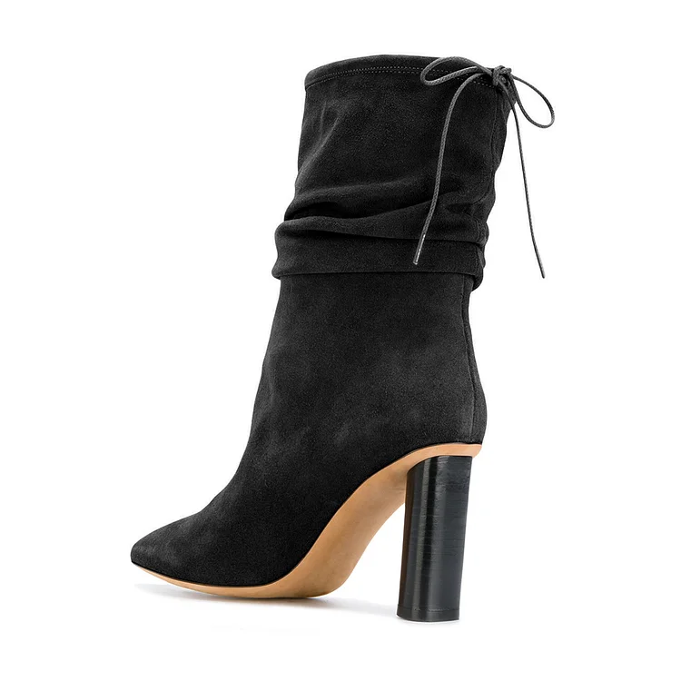 Black Slouch Boots Pointy Toe Suede Chunky Heel Mid-calf Boots |FSJ Shoes