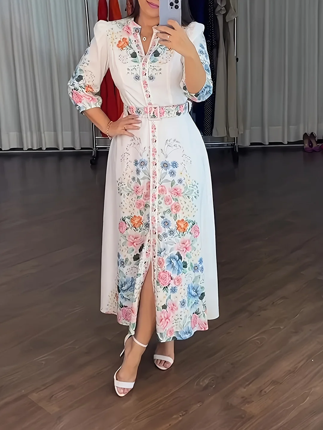 Floral Print V Neck Three Quarters Tied Detail Blouse Dress Casual A Line Slim Fit Maxi Dress | IFYHOME
