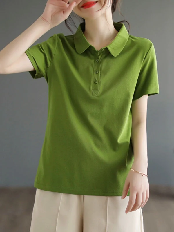 Short Sleeves Buttoned Solid Color Polo T-Shirts Tops