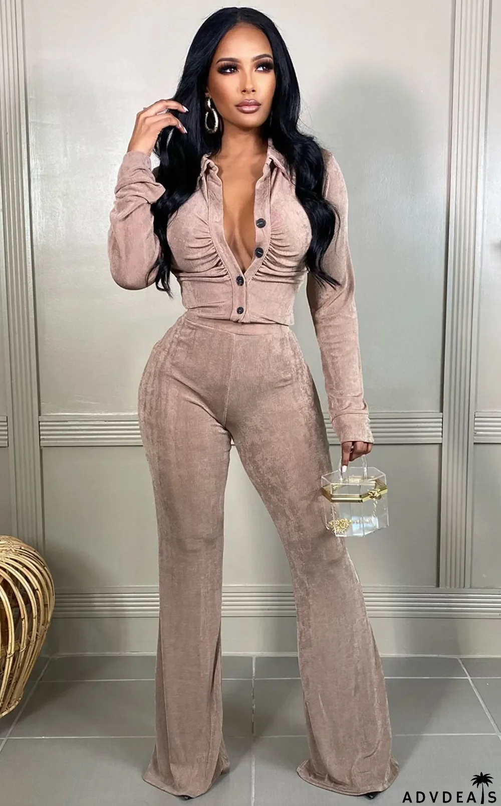 Solid Long Sleeve Two Piece Pants Set