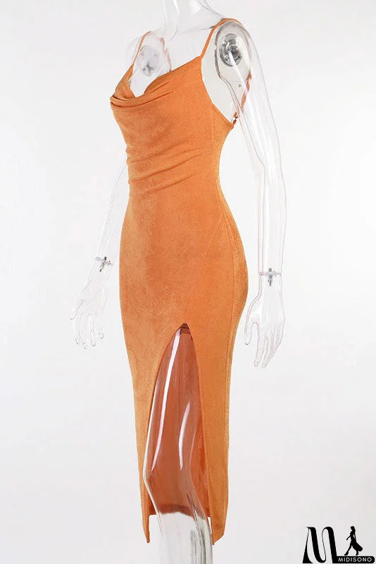 MidiSono - Sexy Knitted Orange Split Spaghetti Straps Dress