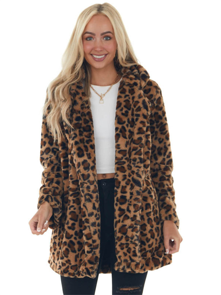 Autumn and Winter Leopard Women's Fashion Temperament Imitation Fur with Pockets Loose Fur Coat