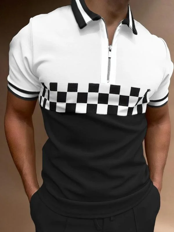 Men's Black and White Check Print Short Sleeve Polo T-Shirt