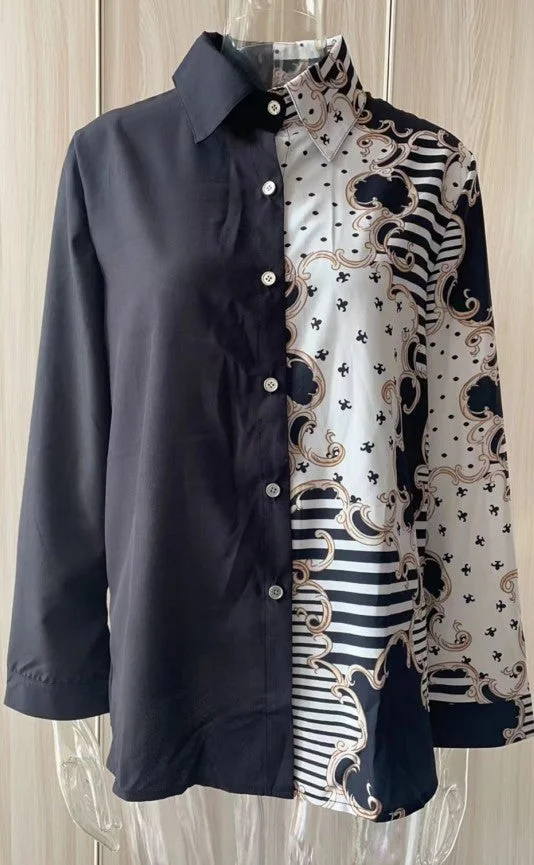 Uveng Long Sleeve V-neck Color-block Retro Shirt Top