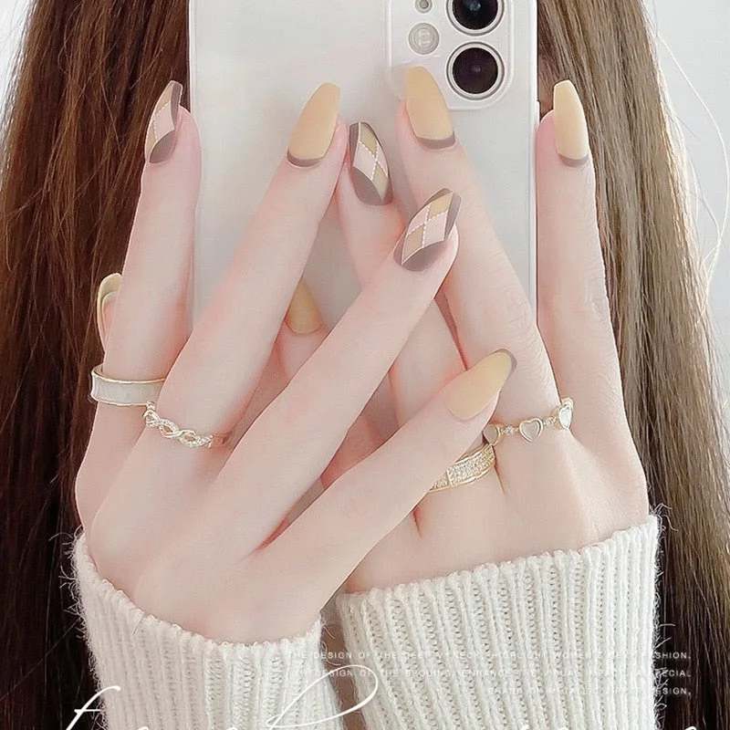 24pcs/box Khaki Pure Color Frosted Ballet matte Fake Nail press on Wearable Detachable Nail Tip Long Healthy full cover for Girl-Nail Inspo