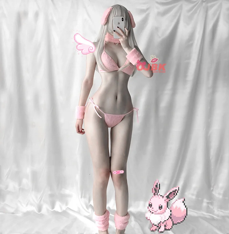 Billionm Anime Cosplay Costume DDLG Bunny Girl Sexy Baby Pink Rabbit Bikini Set Erotic Outfit For Woman Tie Side GString Bra Thong Kawaii