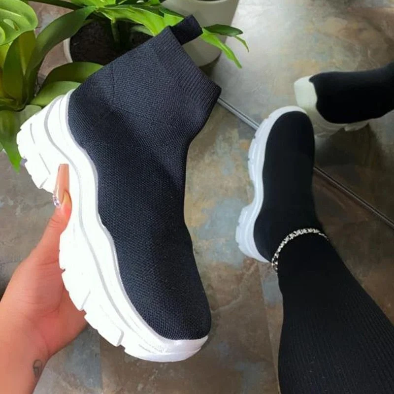 Women Vulcanized Shoes Candy Color Chunky Sneakers Stretch Knitting Sock Boots Plus Size Ladies Short Boot Platform Female