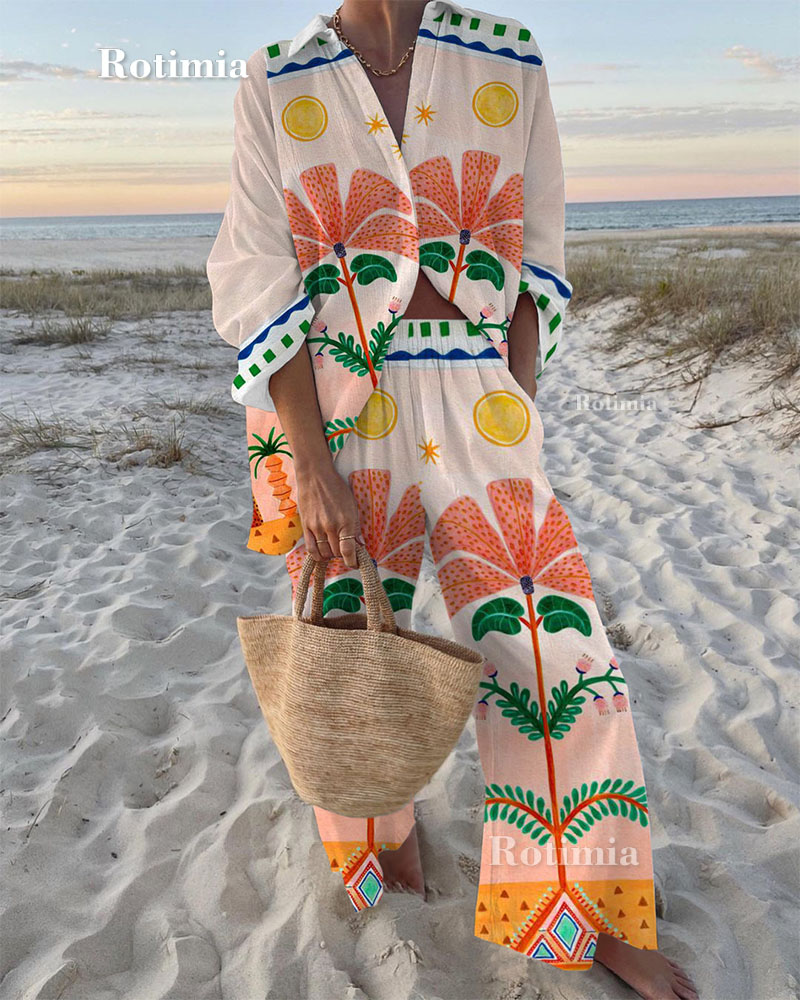 Colorful Flowers Print Shirt & Pants Two-Piece Set