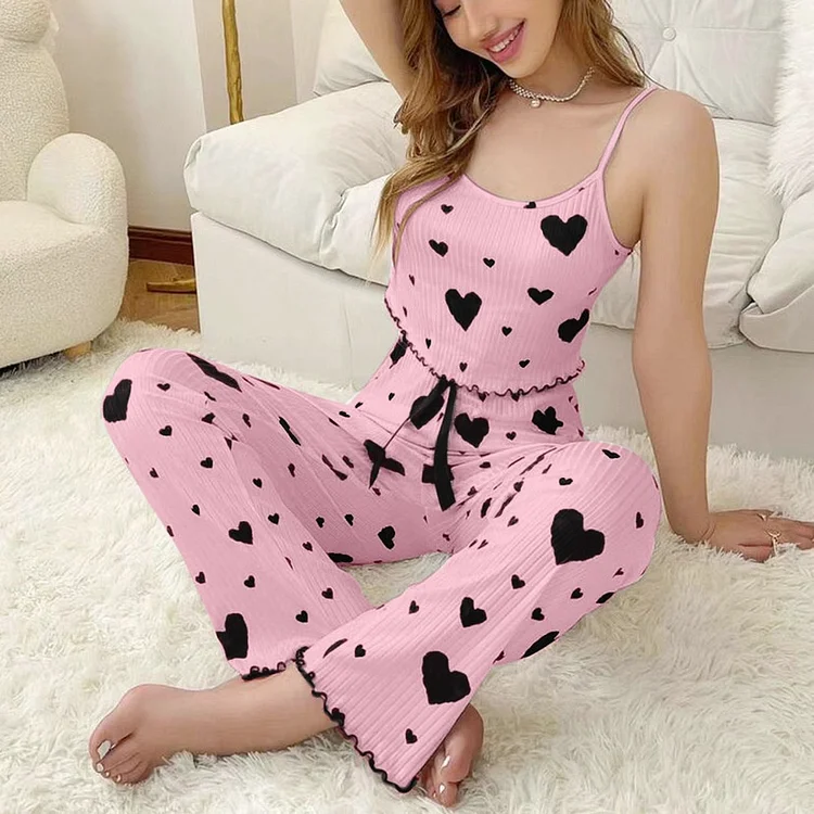 Love Pattern Suspender Pants & Pajamas Two-piece Set