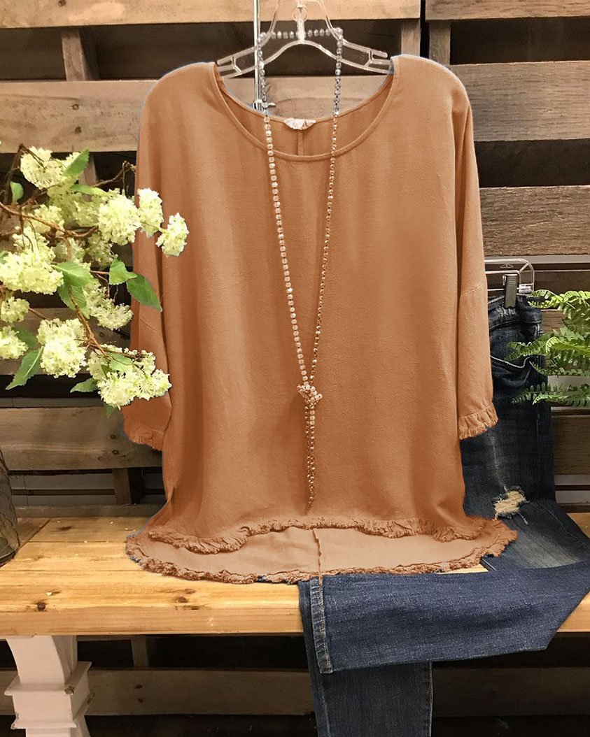 Women's Solid Color Tassel-Trimmed Casual T-Shirt