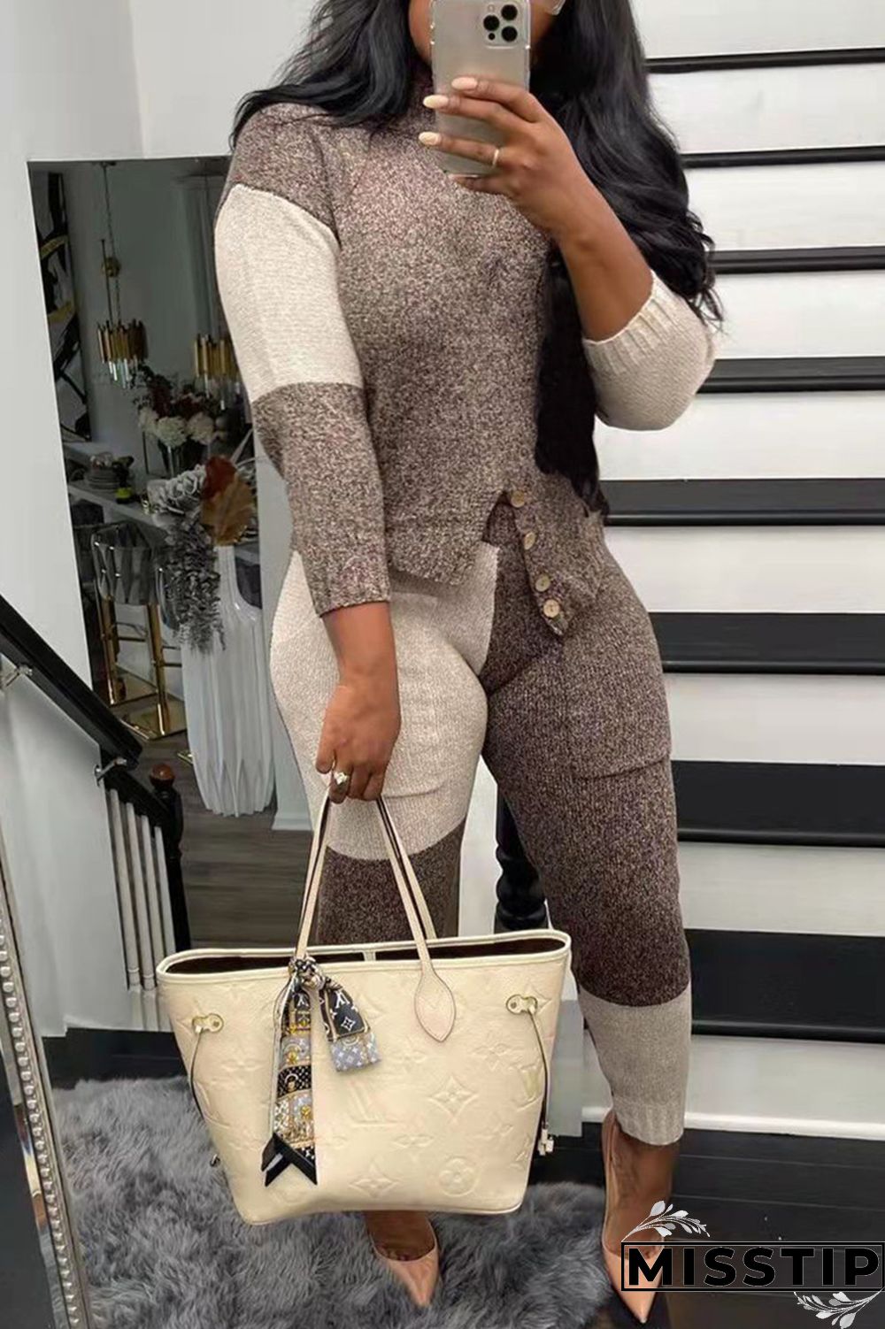 Black Fashion Casual Patchwork Asymmetrical O Neck Long Sleeve Two Pieces