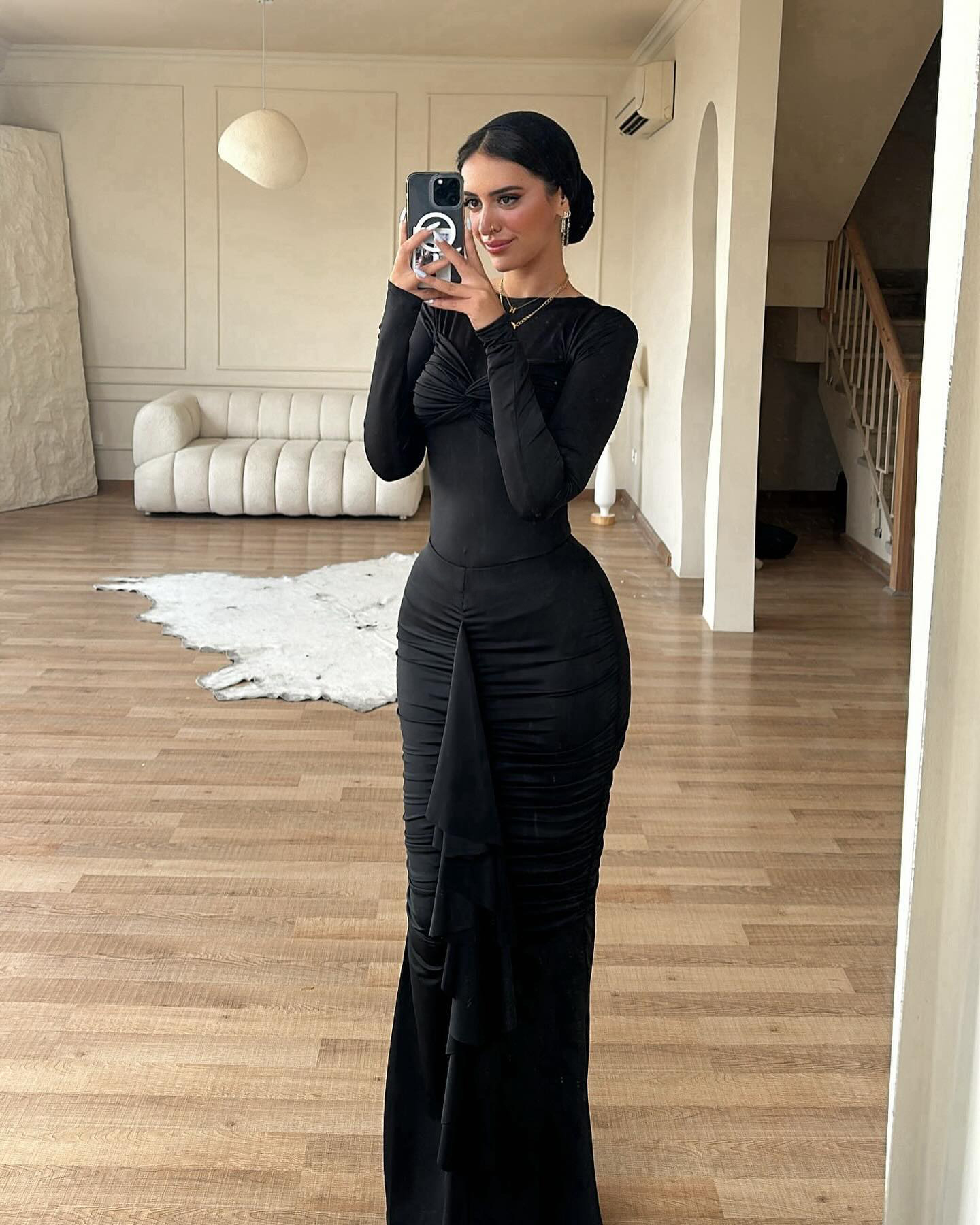 Ootddress Elegant Long Sleeved Elastic Tight Pleated Party Club Evening Dress Women Fashion Maxi Vestido Autumn Winter New Female