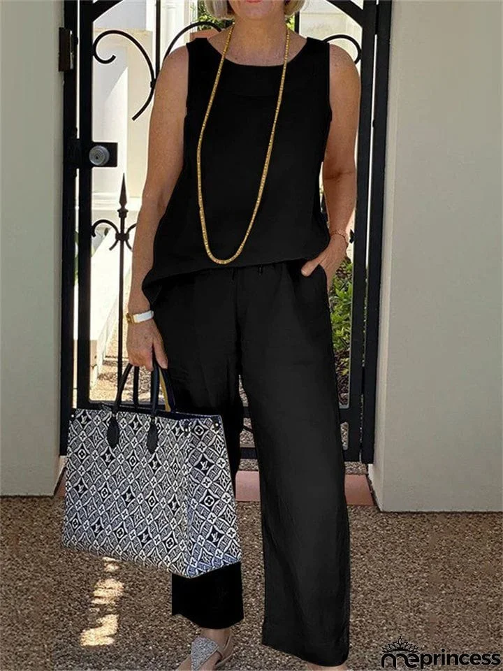 Female Simple Sleeveless Tops Trouser Two-piece Suit