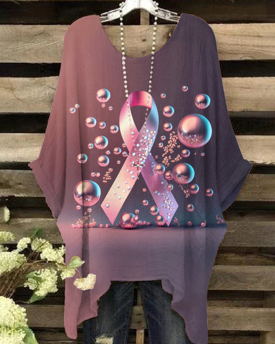 Breast Cancer Ribbon Pearls Print Irregular Shirt