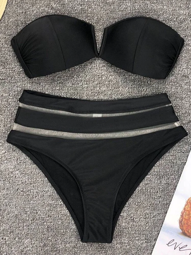 INGAGA Sexy Push Up Bikini Bandeau Swimwear High Waist Women's Swimsuit 2022 V-wired Bathing Suit Black Biquini Women Beachwear