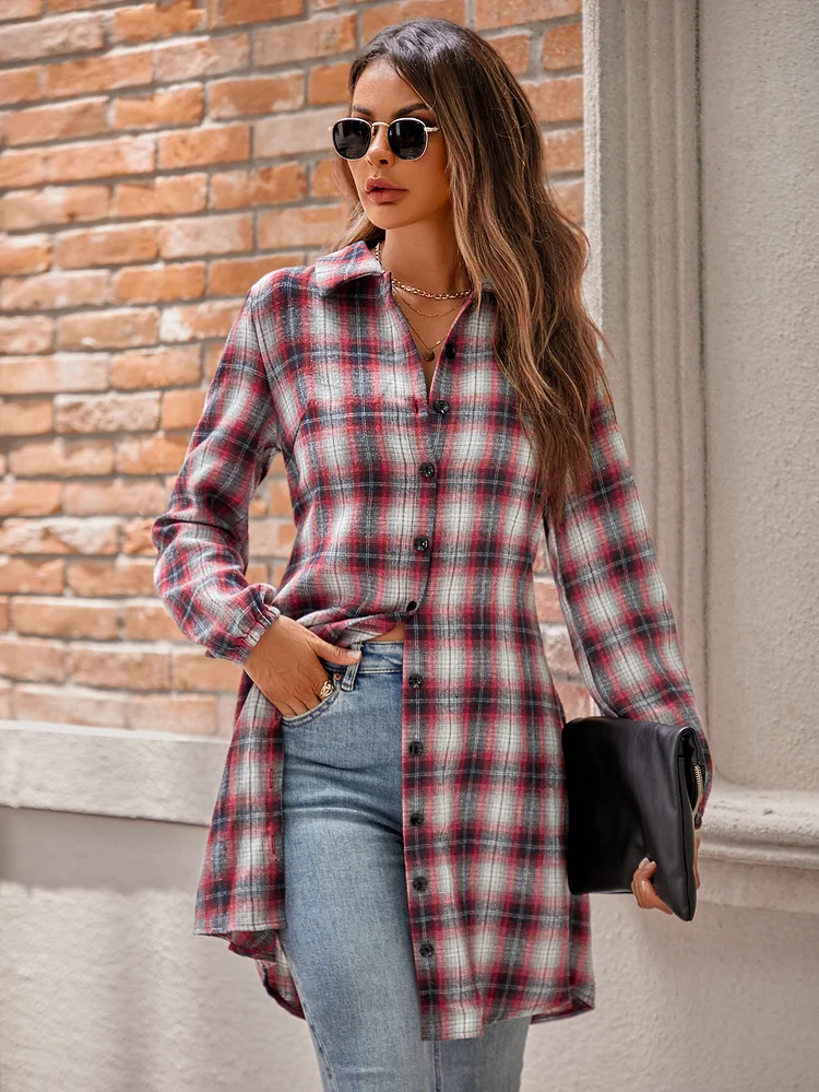 Women's Casual Shirt Lapel Single-Breasted Plaid Long Shirt