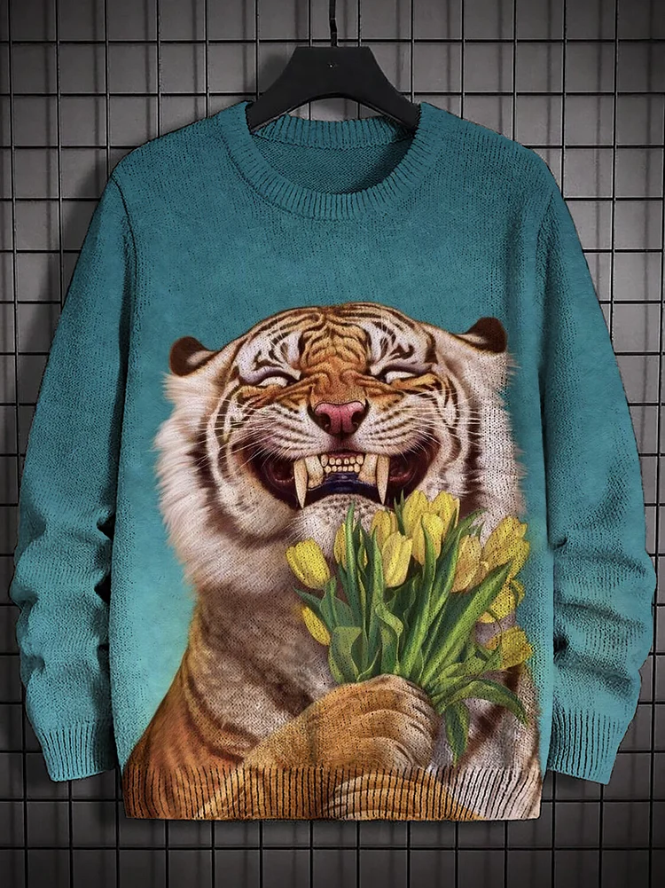 Men's Smiling Tiger Holding Bouquet Of Tulips Art Print Knit Sweatshirt