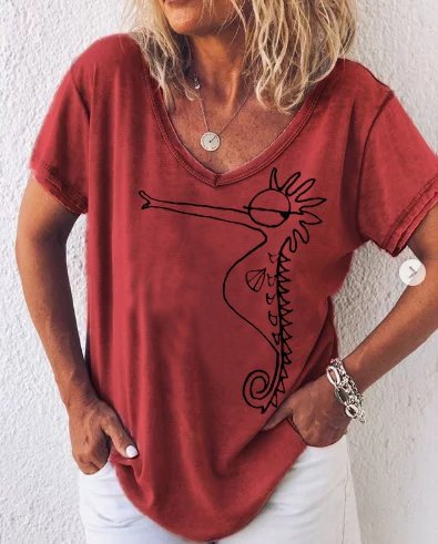 Cotton-Blend Casual Animal Round Neck Seahorse Shirts & Tops