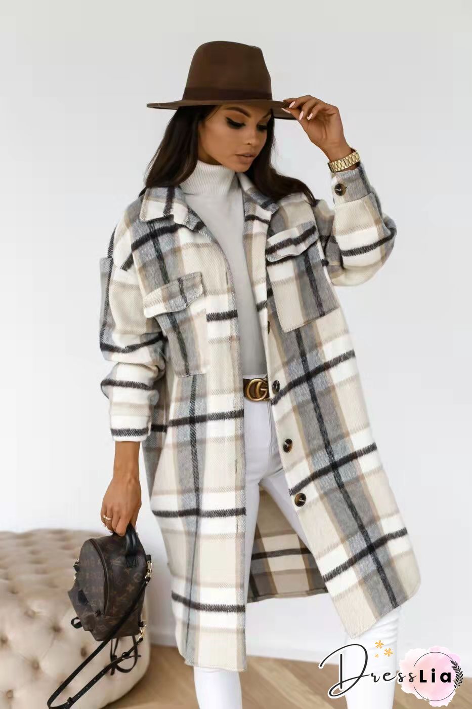 Plaid Print Long Sleeve Woolen Long Coat