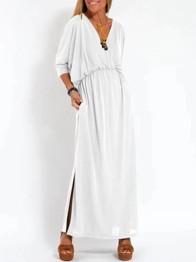Casual Solid Color High Waist Split V-Neck Dress (Buy 2 Free Shipping)
