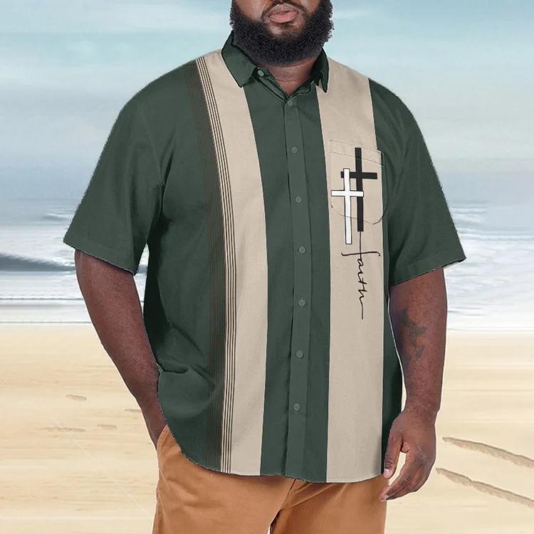 Broswear Plus Size Men's Vintage Stitching Cross Faith Print Walking Short Sleeve Shirt
