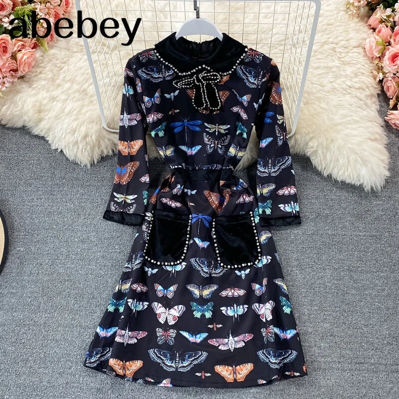2023 New Summer Vintage turn-down collar long sleeve Dress bow decoration high waist pleated waist butterfly print A-line Dress