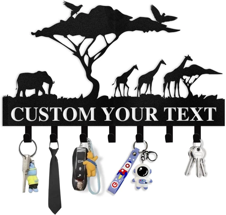 Personalized Name Metal Key Holder for Wall, Animal Theme African Art Decor for Living Room Hallway Office