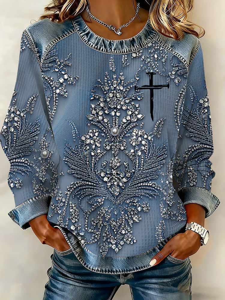 Women's Casual Cross Print Long Sleeve Sweatshirt wearshes