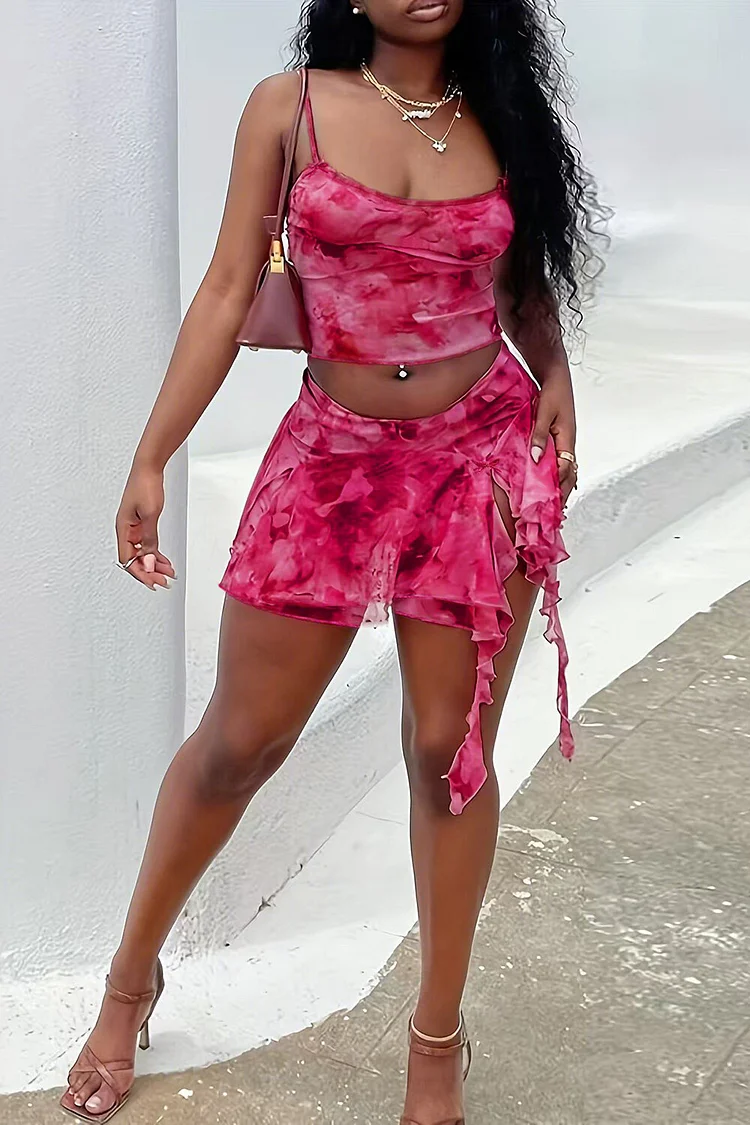Crop Cami Ruffled Slit Irregular Mini Skirt Matching Set-Fuchsia
