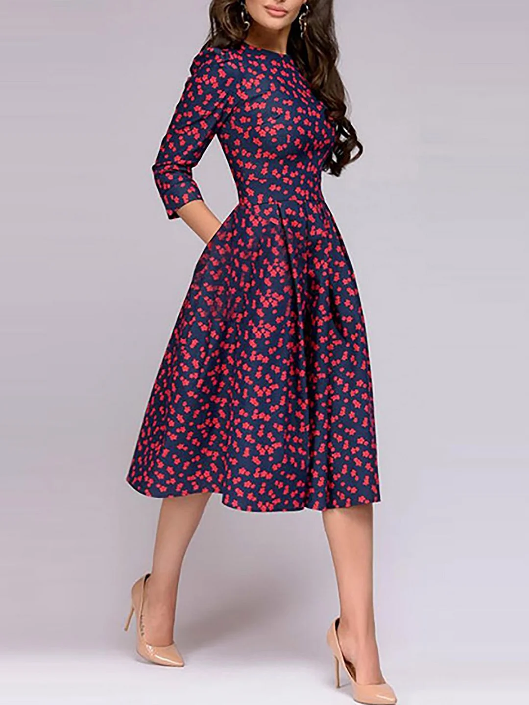 Red A-Line Floral Elegant Midi Dress