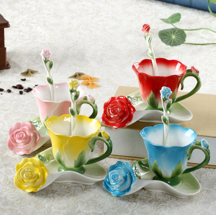 3D Rose Shaped Flower Ceramic Coffee Tea Cup and Saucer Spoon Set