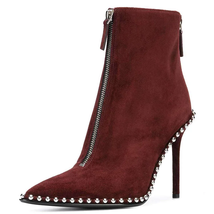 Burgundy Pointy Toe Double Zip Studded Stiletto Boots Vdcoo