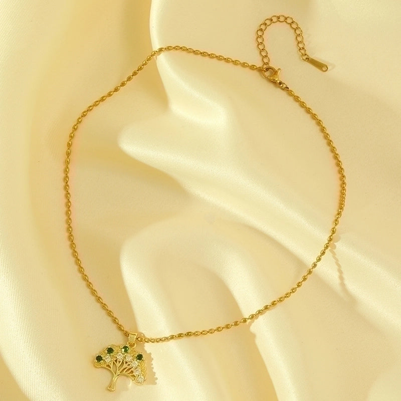 Sweet Tree Stainless Steel Copper Inlay 18K Gold Plated Zircon Pendant Necklace